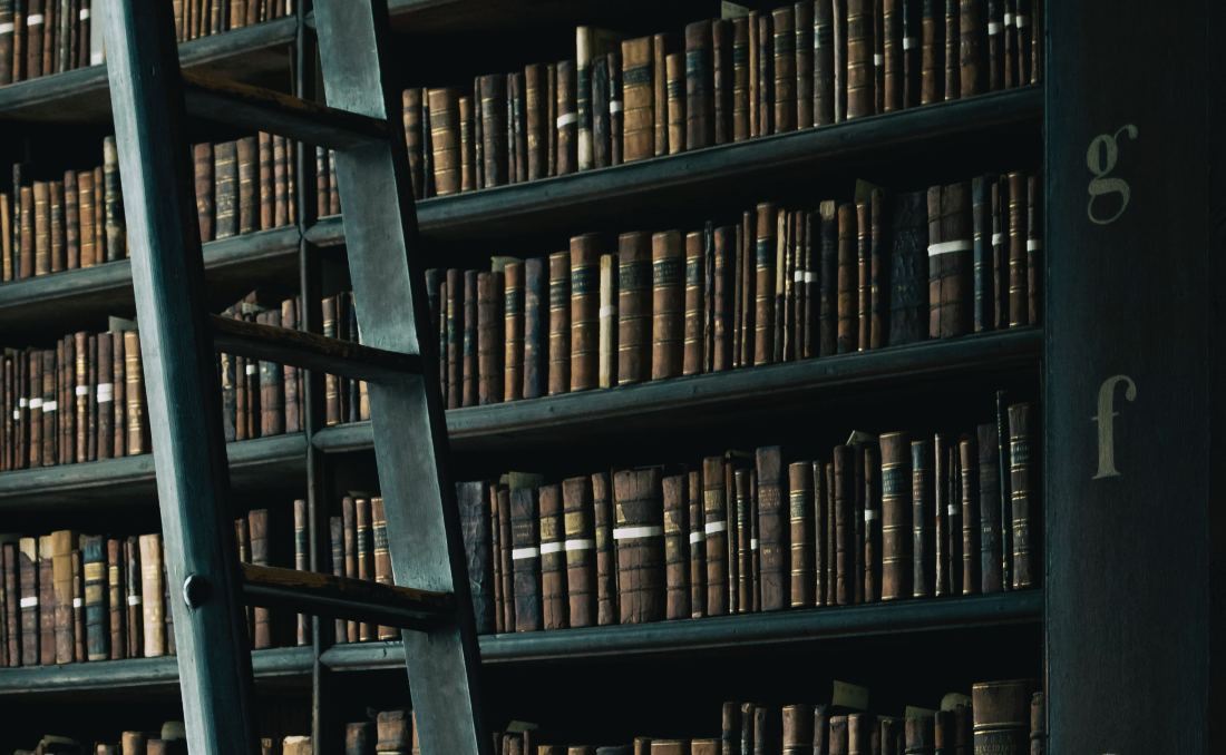 Redovi polica sa knjigama i merdevine u centralnom delu biblioteke